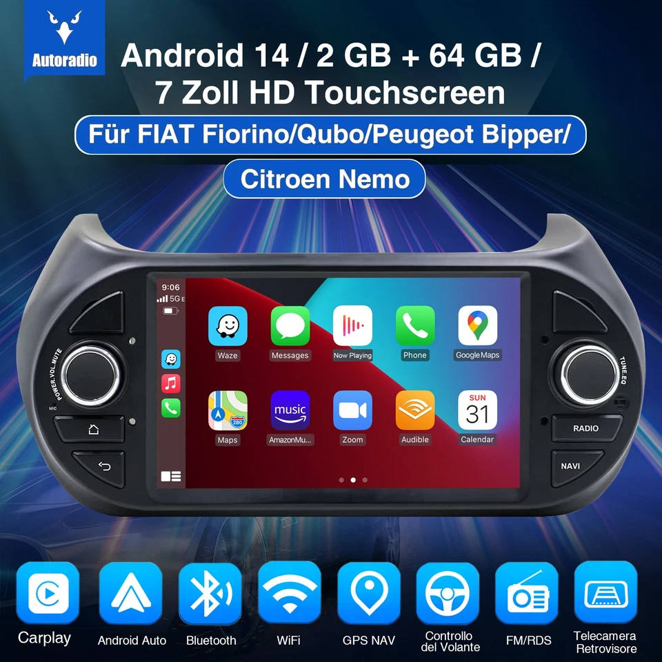 DAB+ Android Autoradio Apple Carplay Navi WIFI BT Per FIAT Fiorino Qubo Citroen - Immagine 2 di 4