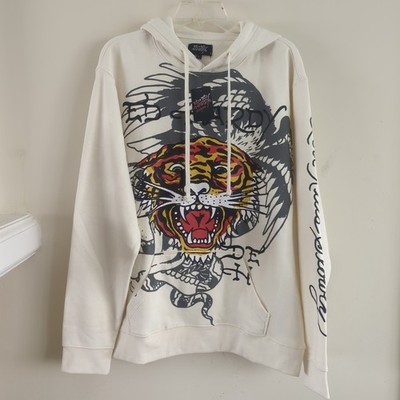 Ed Hardy Ivory Cotton Fleece Tiger Graphic Print Men's Hoodie Pullover L