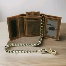 RFID Leather Trifold Chain Wallet & without chain Snap closer Hidden Bill Slot
