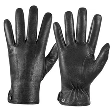 QOF Winter Genuine Leather Gloves for Men, Cashmere Warm Lined Medium Black