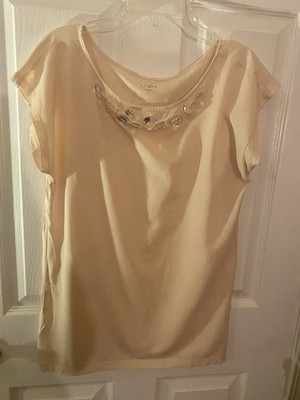 Loft Shell V Neck Blouse Flutter Sleeve in Buff Color Womens Size M