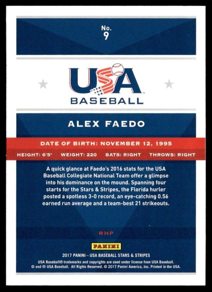 2017 Panini Stars and Stripes Alex Faedo USA #9 - Image 2 of 2