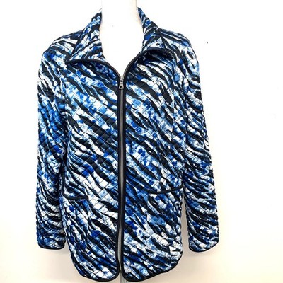 Ruby Rd Quilted Full Zip  Mock Neck Jacket XL Blue Zebra Tie Dye Pockets Casusl