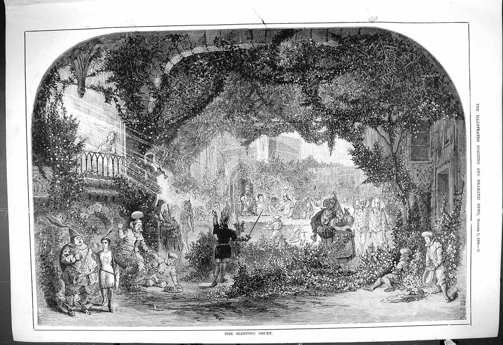 Old Antique Print 1880 Sleeping Court Beautiful Garden Scene Lady Balcony 19th