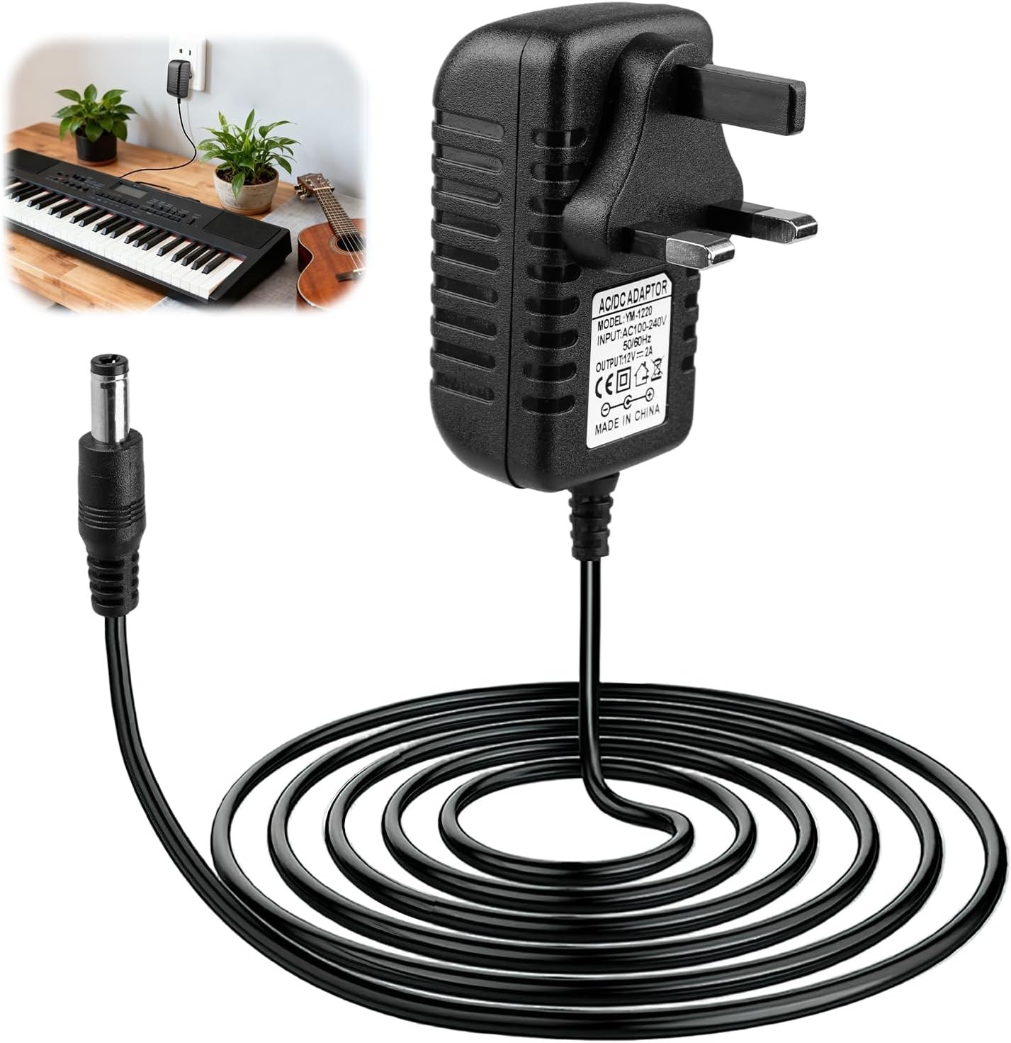 12V 2A Keyboard Power Adapter for Yamaha 2m Electronic Keyboard Cord DC 5.5 * 2