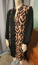Fit Elegance FEME cheatah Print Accent Black Shirt Dress Size 42 MEDIUM
