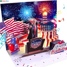 Pop Up Birthday Card with Light & Sound Says Happy Birthday in Donald Trump REAL