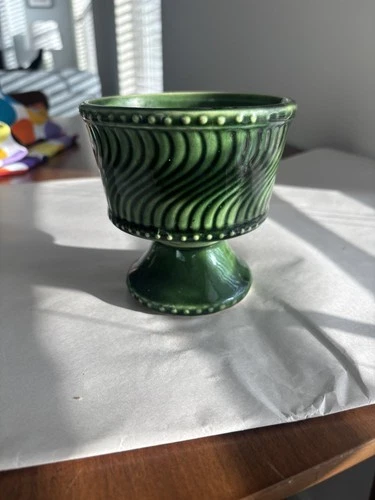 Vintage 1960's McCoy USA Pottery Floraline Green Swirl Pedestal Vase Planter