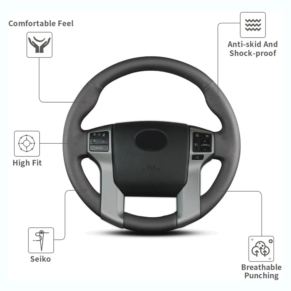 For Toyota Tacoma Tundra 12-21 Steering Wheel Cover Hand-Stitching Leather Wrap - Image 3 of 4