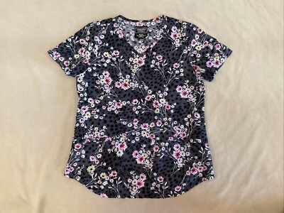 Cherokee Scrub Top Medium Womens Active Stretch Pink Grey Floral