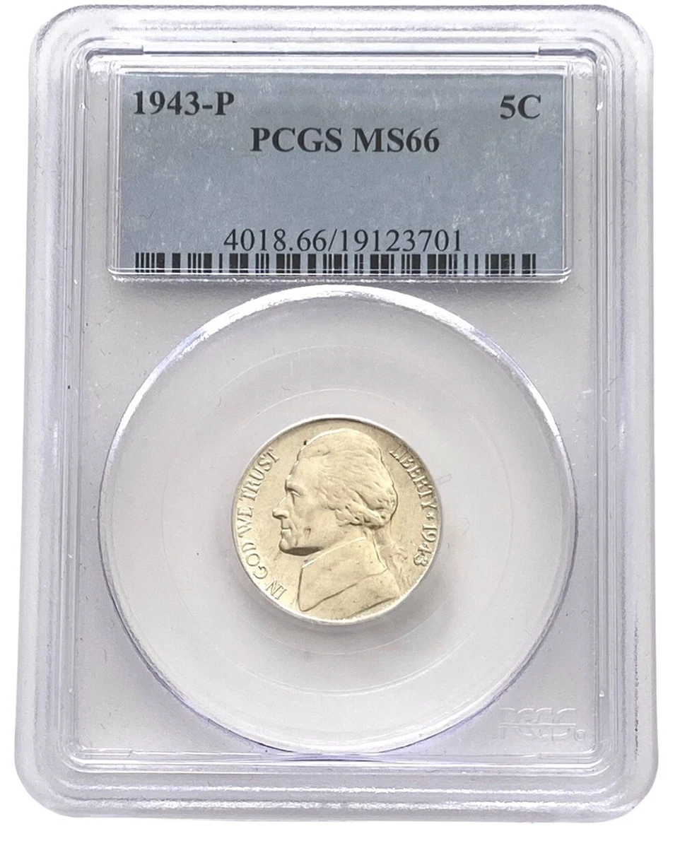 PCGS Certified MS 66 Graded 1943 Year US Jefferson Nickels (1938