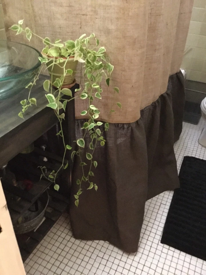 Натуральная/темно-коричневая мешковина с гофрированной/собранной нижней занавеской для душа фермерского дома - Изображение 4 из 4