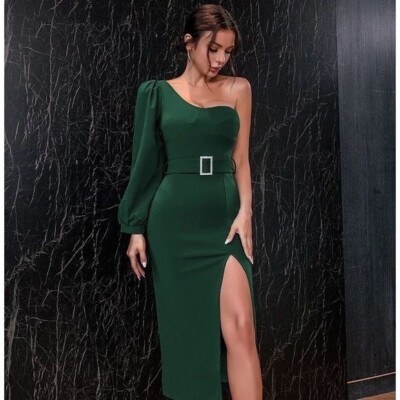 Green Long Sleeve Women Dress M Sexy One Shoulder Midi | eBay