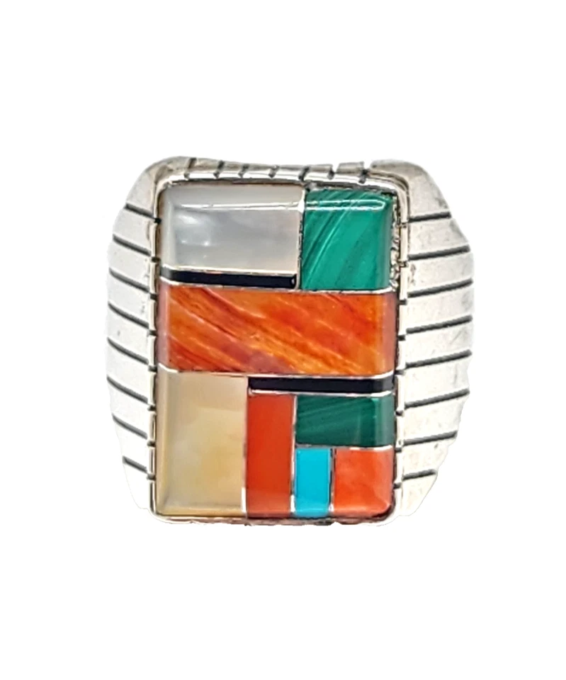 Anillo de plata esterlina con incrustaciones geométricas coloridas de varias piedras para hombre, talla 10 de EE. UU. Foto 4 de 4