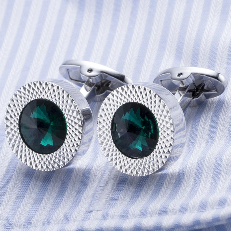 Gemelli Camicia Argento Rotondo Circolare Pietra Verde Paio Matrimonio da Uomo - Immagine 2 di 2