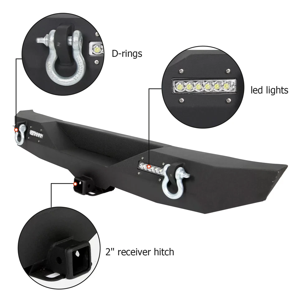 Black Steel Front & Rear Bumper For Jeep Wrangler 2007-2018 JK w LED Light - Image 3 of 4