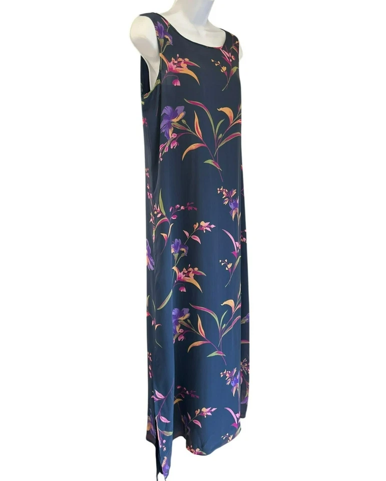 Vintage Robbie Bee Navy Blue Sleeveless Floral Silk Sheath Dress Size 12 Y2k - Image 2 of 4