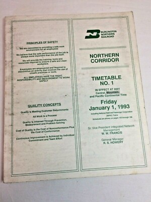 Vtg 1993 BURLINGTON NORTHERN Railroad BNR N CORRIDOR EMPLOYEE TIMETABLE #1