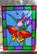 Butterfly and Iris Stained Glass Window Panel Hand Painted Suncatcher
