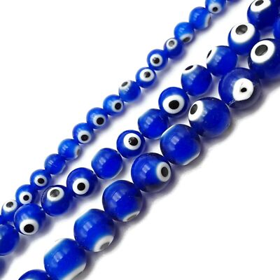 Blue Evil Eye Glass Smooth Round Beads Size 6mm 8mm 10mm 15.5'' Strand