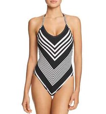 La Blanca L17604 Womens Black/White Fine Line Mitered One Piece Swimsuit Size 12