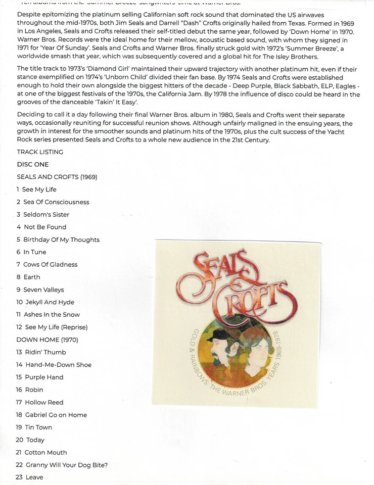 SEALS & CROFTS - GOLD & RAINBOWS: WB YRS 69-78 (5CD 2025) NEW *100 TRACKS* - Image 3 of 4