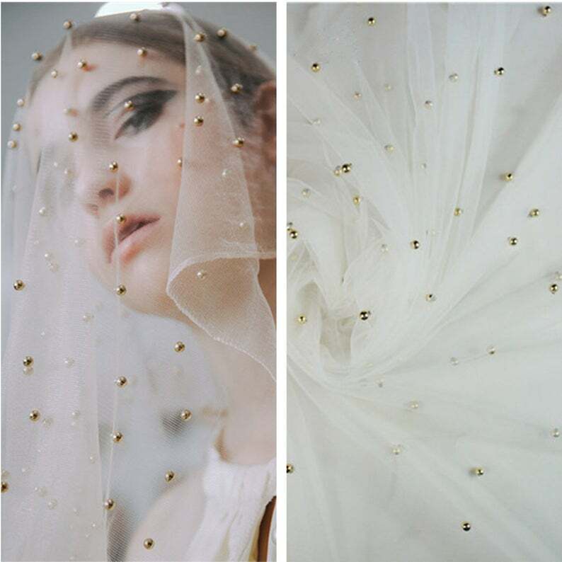 White Lace Tulle Gold Beaded Fabric Bridal Veil Lace Fabric Bridal Wedding  Dress | eBay