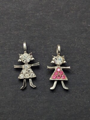 Birthstone Brats KIS Charms Vintage Lot of 2 Silver Girl Clear Pink USA Made