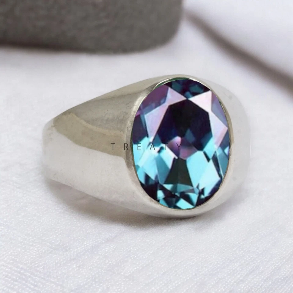 Piedras preciosas de alejandrita de corte ovalado con anillo de plata de ley 925 para hombre #591 Foto 3 de 4