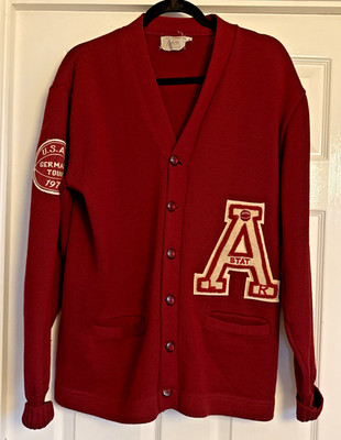 Vintage 1950er Dehen Knitting Co College College College College Strickjacke 100 % Wolle 44 Zoll