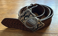 Vintage Western Style 38 Leather Belt with Silver Tone  Stone Belt Buckle