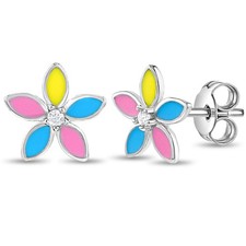 Fun Multicolor Summer Flower Kids / Teen Earrings Enamel - Sterling Silver