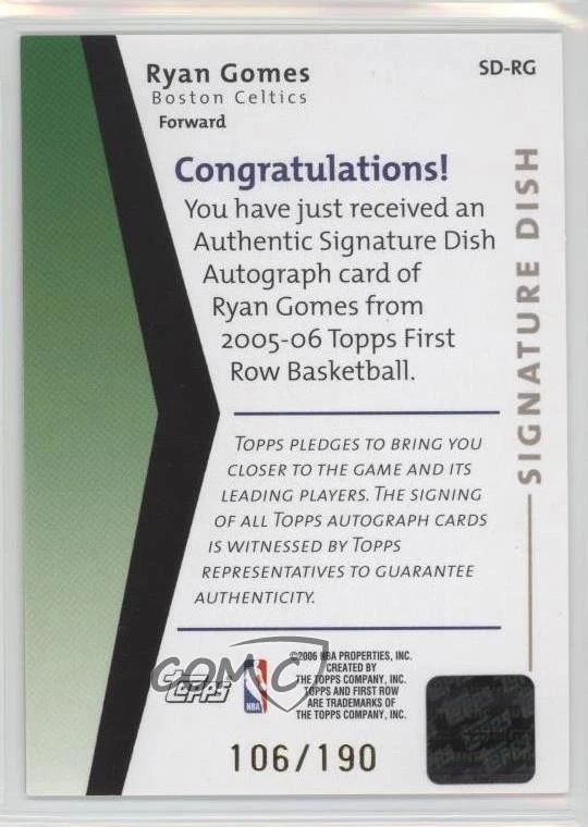 2005-06 Topps First Row Signature Dish /190 Ryan Gomes #SD-RG Rookie Auto RC - Image 2 of 2