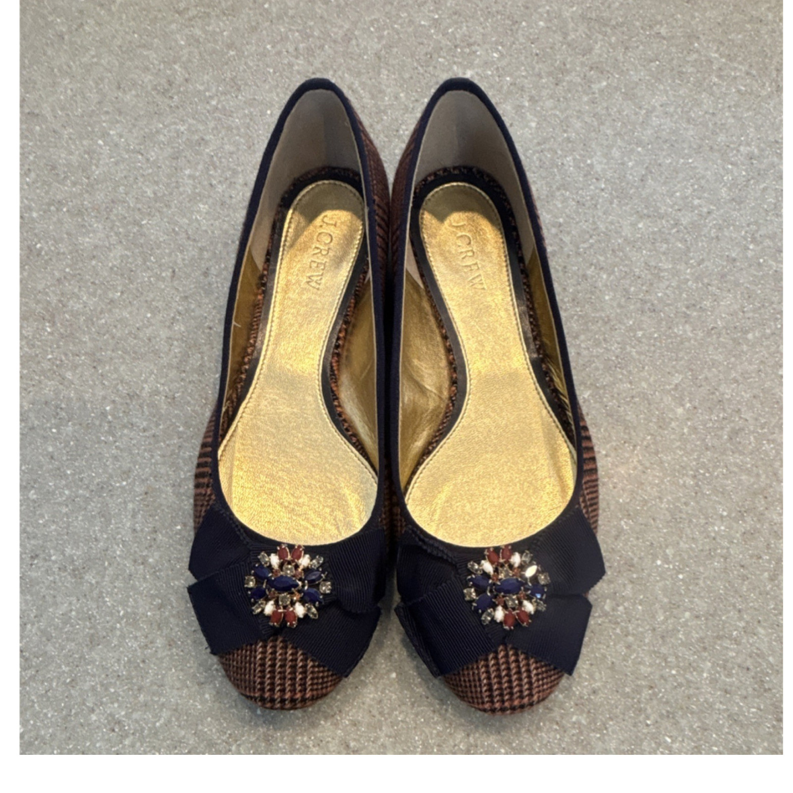 J.CREW Women’s Houndstooth Ballet Flats Navy Bow Embellished Slip On 7.5