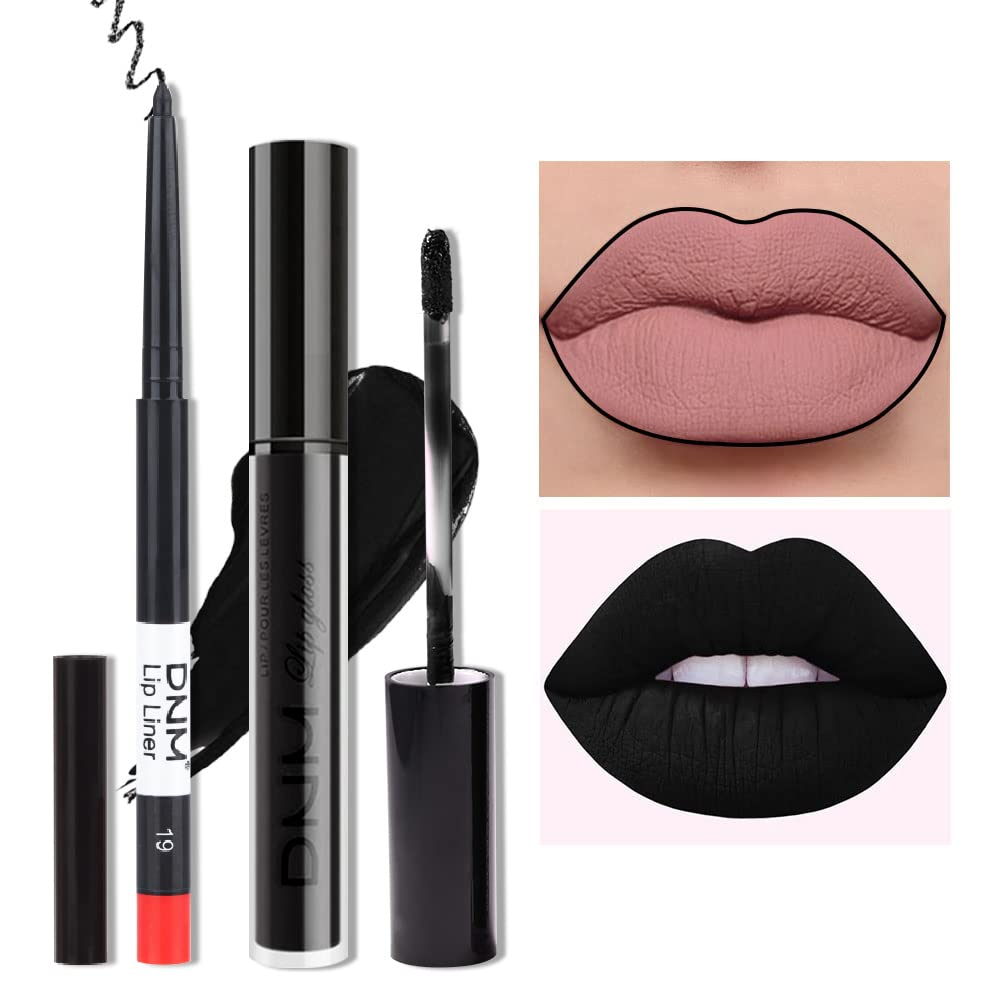 2Pcs Black Matte Lip Liner & Lipstick Set – Longwear Lip Stain & Defining Lip Line  