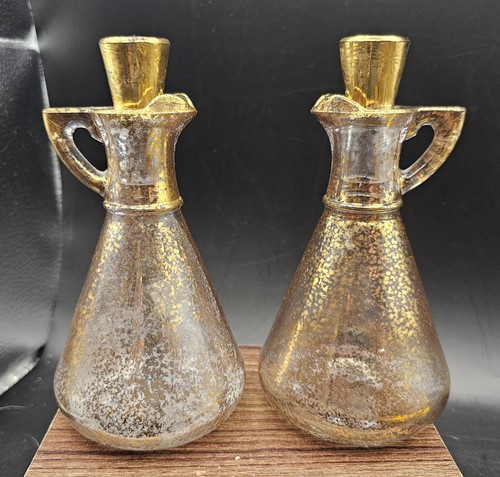 Vintage Georges Briard? Hazel Atlas Gold Oil & Vinegar Glass Cruets MCM - Picture 1 of 17