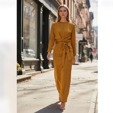 NWT ASOS satin maxi dress with batwing sleeve and wrap waist in mustard SZ-4