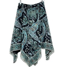 Vintage Y2K 90's Whimsigoth Fairy Asymmetric Hem Paisley Midi Skirt Teal Sz PXS