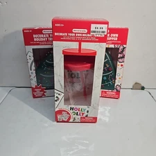 2~New Christmas Tree Decorate Your Own Holiday Sipper 14oz w/Straw & Stickers +1