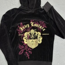 Juicy Couture Jacket Womens Large Black Velour Y2K Graphic Full Zip USA Made