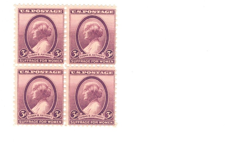 1936 SUSAN B. ANTHONY 3 CENTS PURPLE US POSTAGE STAMPS, BLOCK OF 4