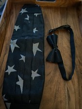 Black And Silver Star Pattern Cummerbund And Bow Tie Satin Blend