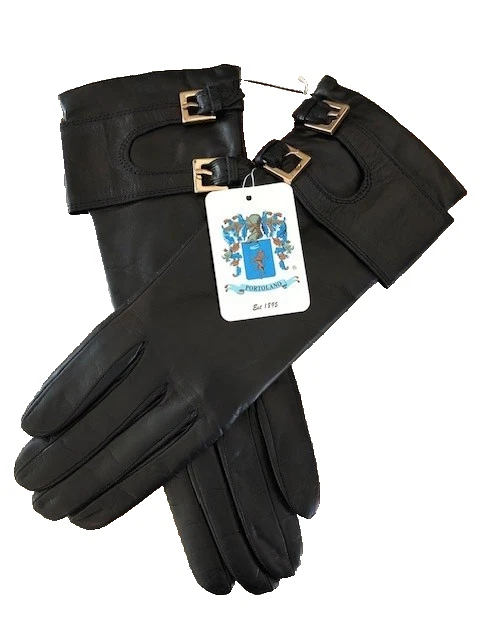 Portolano Womens Gloves Size 7.5 Black Leather Cashmere Lined Gold Buckles Italy