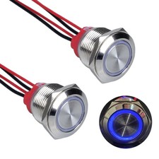 Metal Momentary Push Button Switch Waterproof 12V-24V 19mm Blue LED 2 PCS