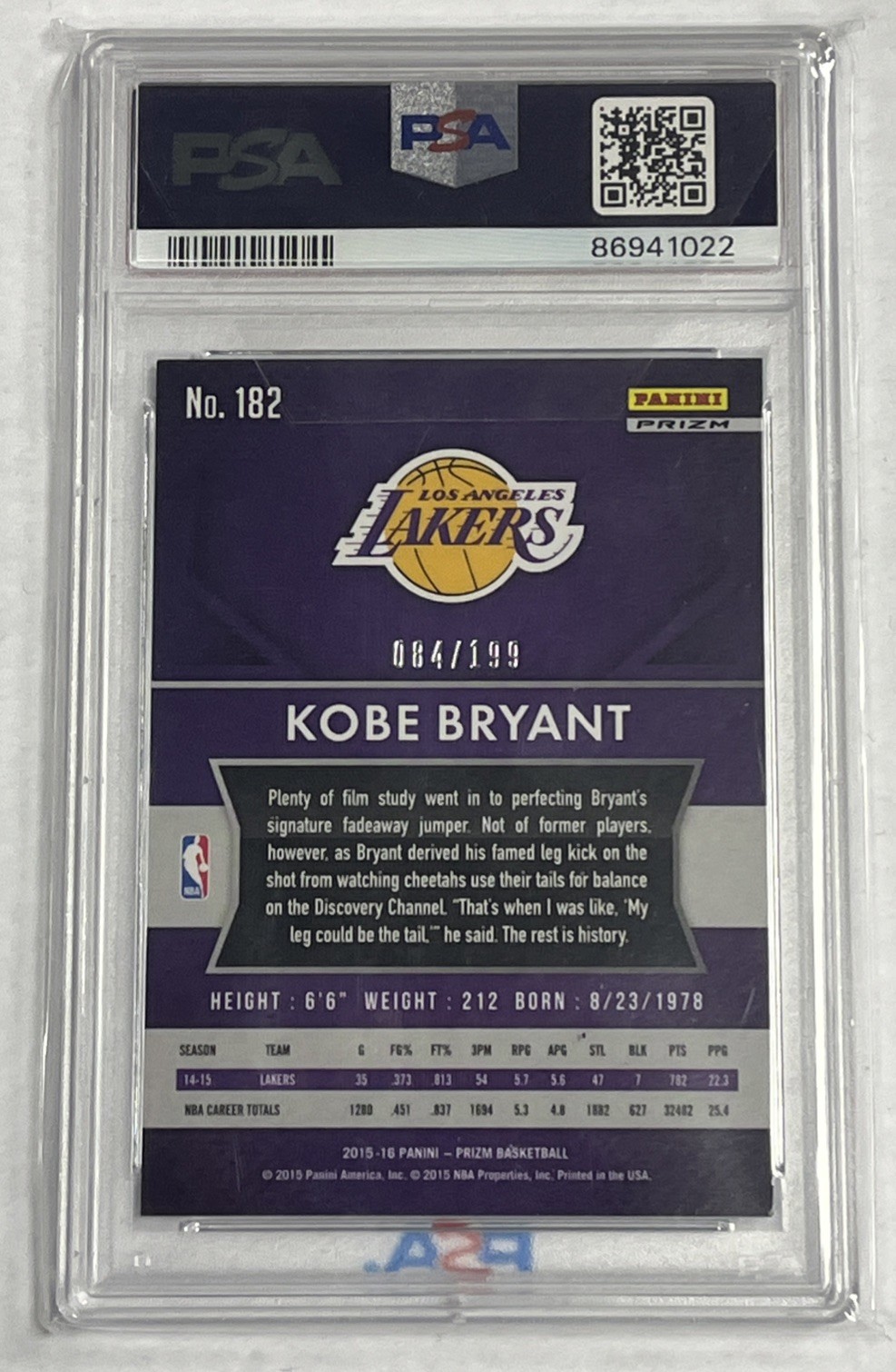 Kobe Bryant PSA 9 2015-16 Panini Prizm Light Blue Prizm / 199 Lakers  view 5