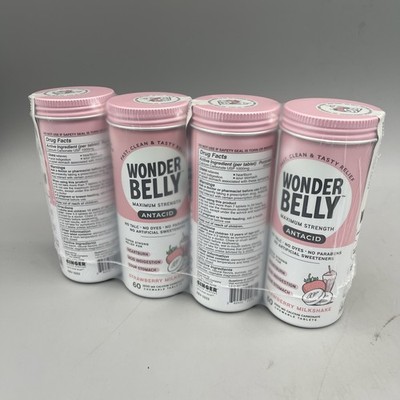 4 Pack Wonder Belly Max Strength Antacid Strawberry Milkshake 60 Tabs Exp 09/26