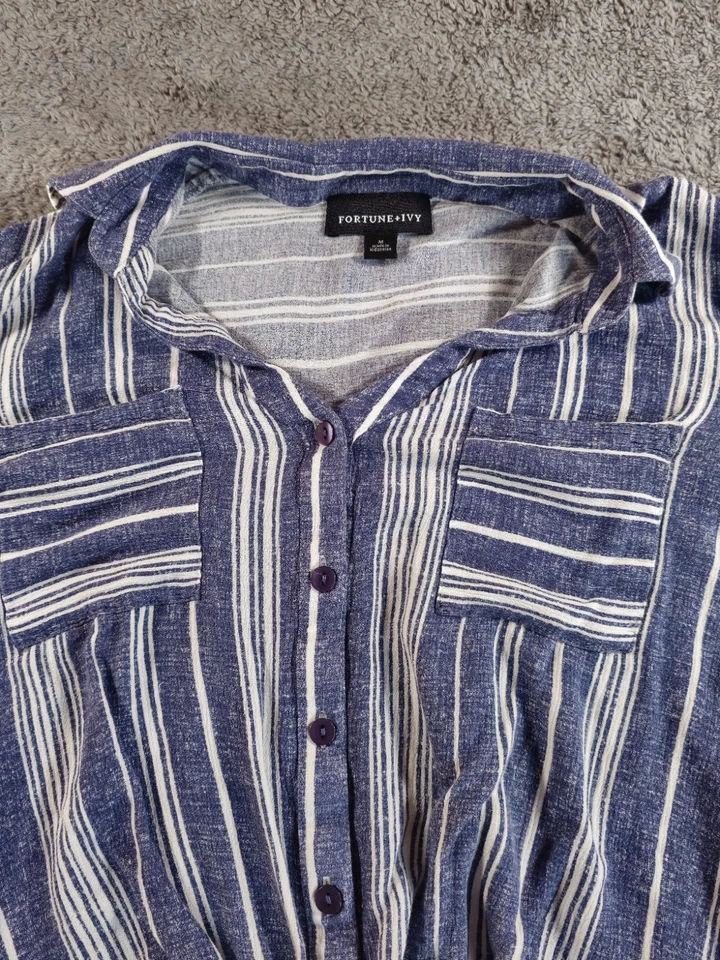 Fortune+Ivy Mujer M Gris y Blanco Rayas con Mangas Enrollables Náutica Costera Foto 2 de 4