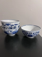 Vintage 4 Chinese Porcelain Rice Bowl Blue & White Hand Painted 7 Inch X 3 Inch