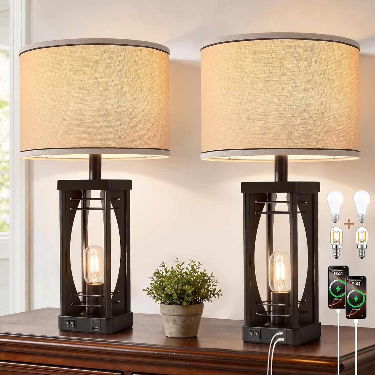 bedroom dresser lamps LuxSight Collection 28.5" Table Set of 2 - Bedside Lamp with Fabric Shades - for and Living Room with USB and Nightlight quality and character of bespoke design. 20" Retro Style Farmhouse Table