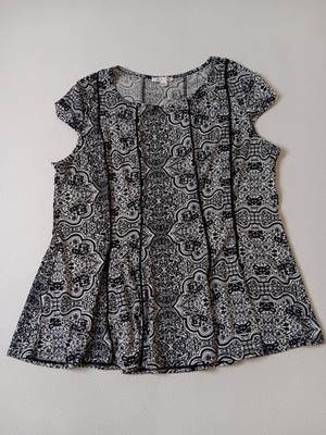 Maria Gabrielle Blouse Womens 3X Black Geometric Scoop Neck Cap Sleeve Tunic